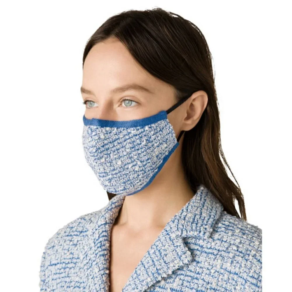 💕ST JOHN💕 Boucle Ribbed Knit Face Mask ~ Blue & Ecru Print NWT